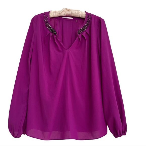 T Tahari Magenta Fuchsia Silky Beaded Mandarin Collar Blouse Tunic XS - Picture 1 of 9